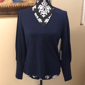 💙🆕 Kinly Deep Navy long puff sleeve layered shoulder v-neck soft top
